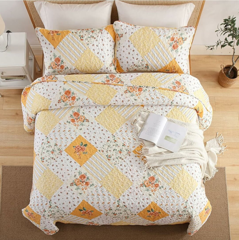Bright Yellow Patchwork Bedspread Set-3 Piece Vibrant Quilted Coverlet
