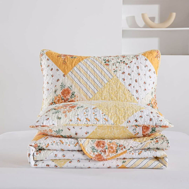 Bright Yellow Patchwork Bedspread Set-3 Piece Vibrant Quilted Coverlet