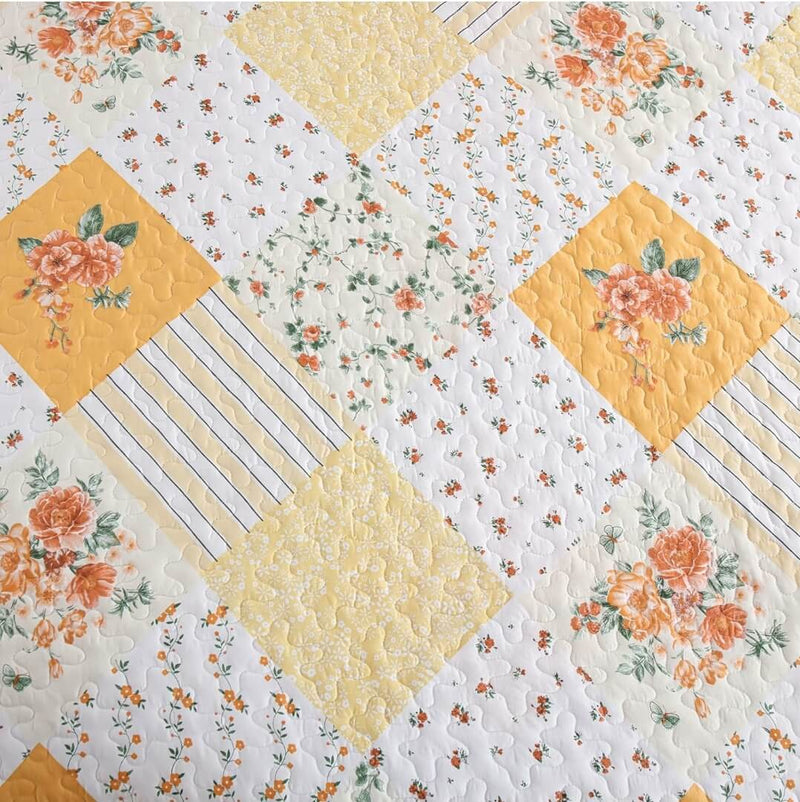 Bright Yellow Patchwork Bedspread Set-3 Piece Vibrant Quilted Coverlet