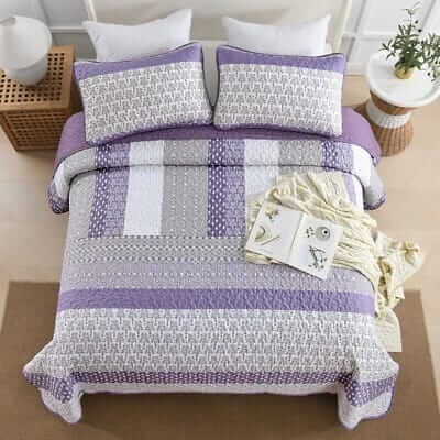 Purple Striped Patchwork Bedspread Coverlet Sets (3Pcs)
