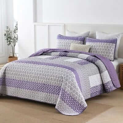 Purple Striped Patchwork Bedspread Coverlet Sets (3Pcs)