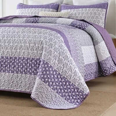 Purple Striped Patchwork Bedspread Coverlet Sets (3Pcs)