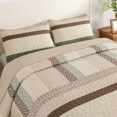 Beige & Olive Green Striped Quilted Bedspread Set-Minimalist Rustic Coverlet (3Pcs)