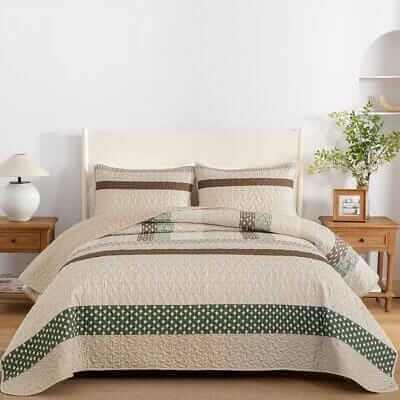 Beige & Olive Green Striped Quilted Bedspread Set-Minimalist Rustic Coverlet (3Pcs)