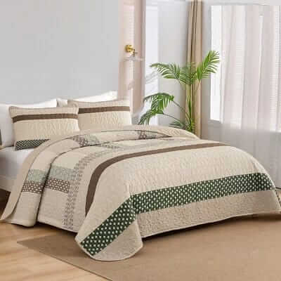 Beige & Olive Green Striped Quilted Bedspread Set-Minimalist Rustic Coverlet (3Pcs)