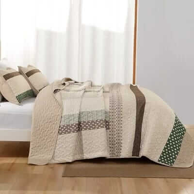 Beige & Olive Green Striped Quilted Bedspread Set-Minimalist Rustic Coverlet (3Pcs)