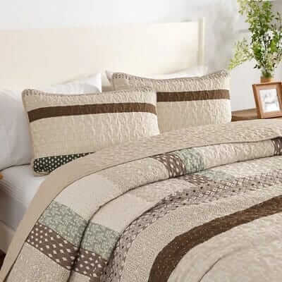 Beige & Olive Green Striped Quilted Bedspread Set-Minimalist Rustic Coverlet (3Pcs)
