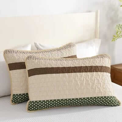 Beige & Olive Green Striped Quilted Bedspread Set-Minimalist Rustic Coverlet (3Pcs)