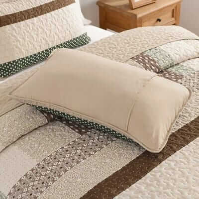 Beige & Olive Green Striped Quilted Bedspread Set-Minimalist Rustic Coverlet (3Pcs)