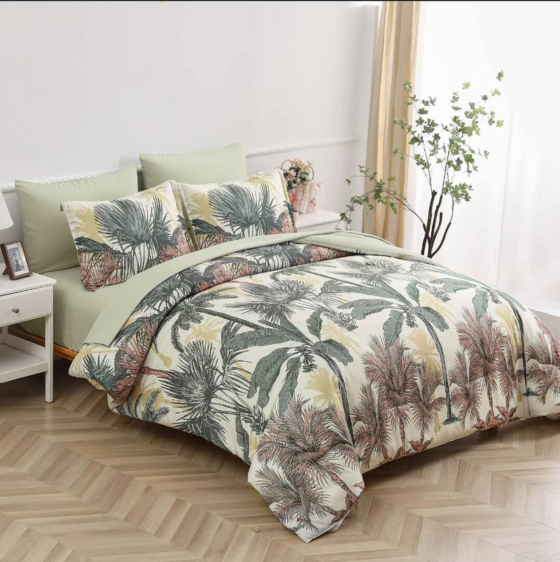 Beige Botanical Comforter Set-Quilt Set (3Pcs)