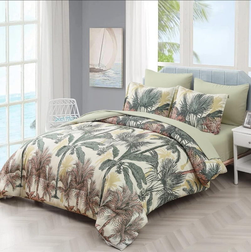 Beige Botanical Comforter Set-Quilt Set (3Pcs)