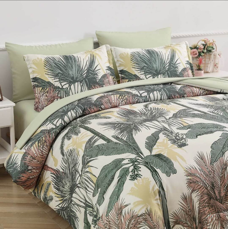 Beige Botanical Comforter Set-Quilt Set (3Pcs)