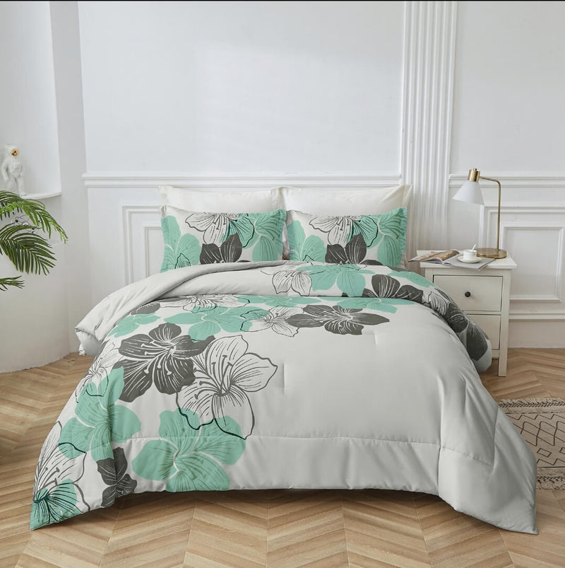 Green Floral Quilted 3 Piece Comforter Set