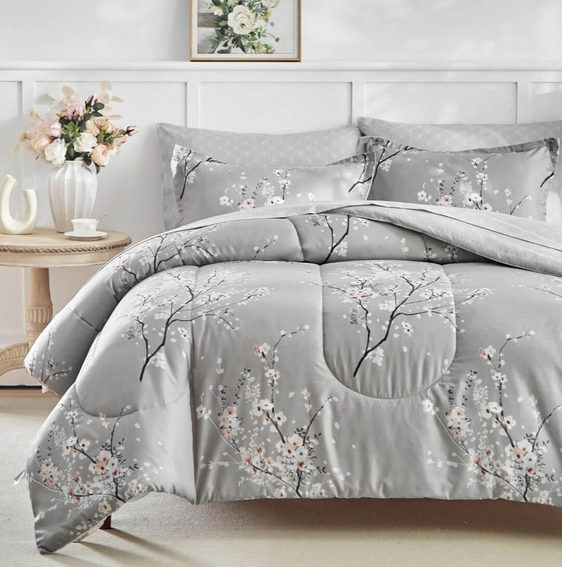 2025 Grey Base Botanical Comforter Set-Quilt Set (3Pcs)