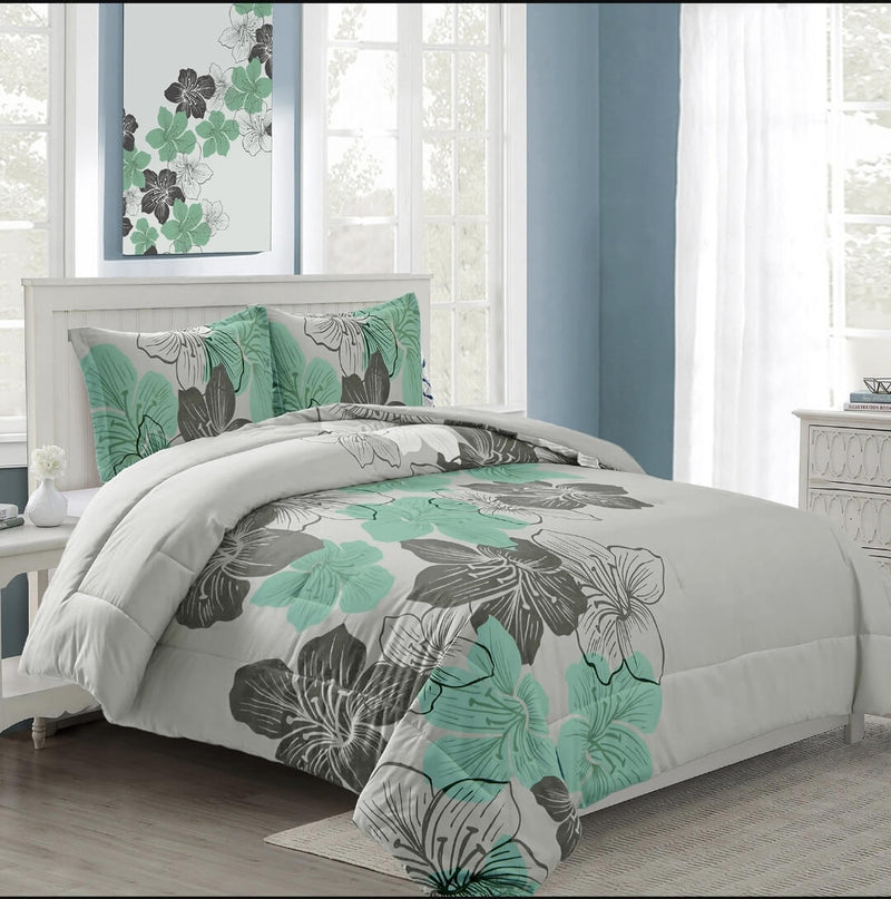 Green Floral Quilted 3 Piece Comforter Set