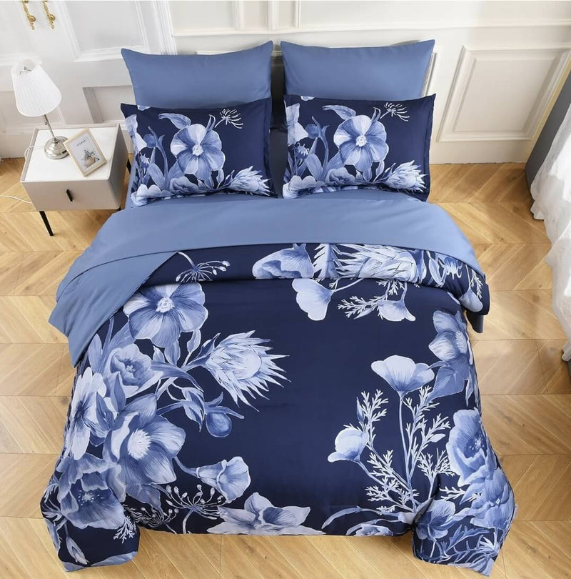 2025 Dark Blue Floral Comforter Set-Quilt Set (3Pcs)