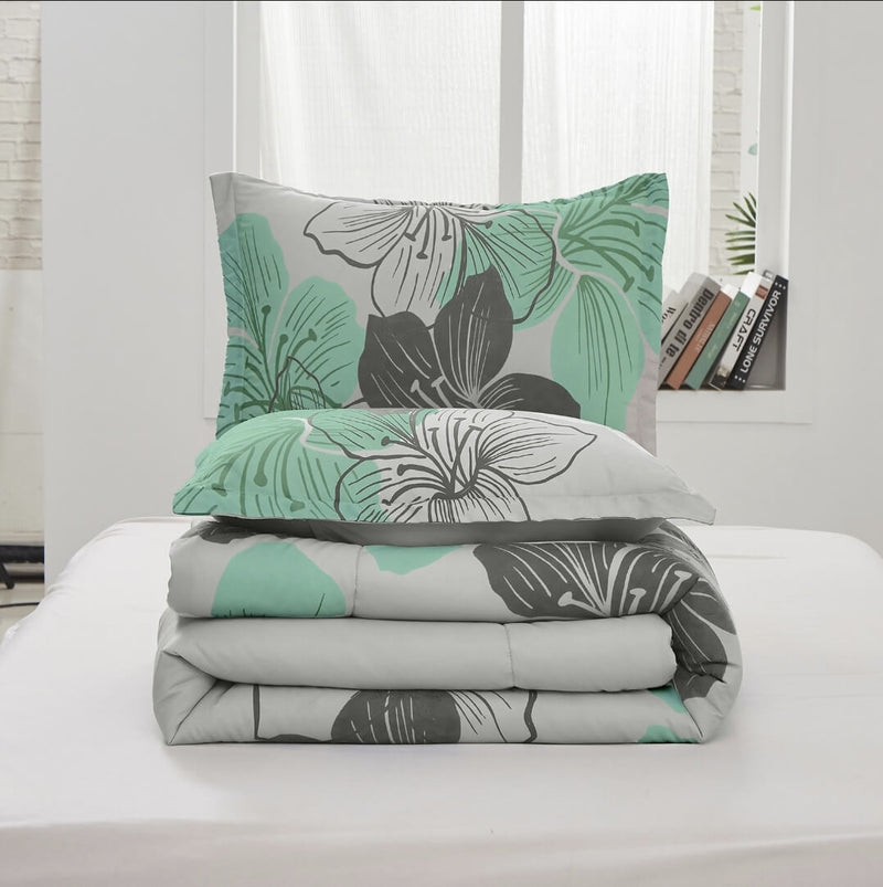 Green Floral Quilted 3 Piece Comforter Set