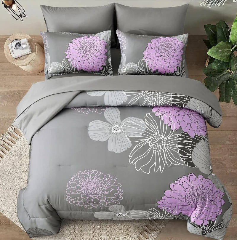 Grey Base Purple Floral Comforter Set-Quilt Set (3Pcs)