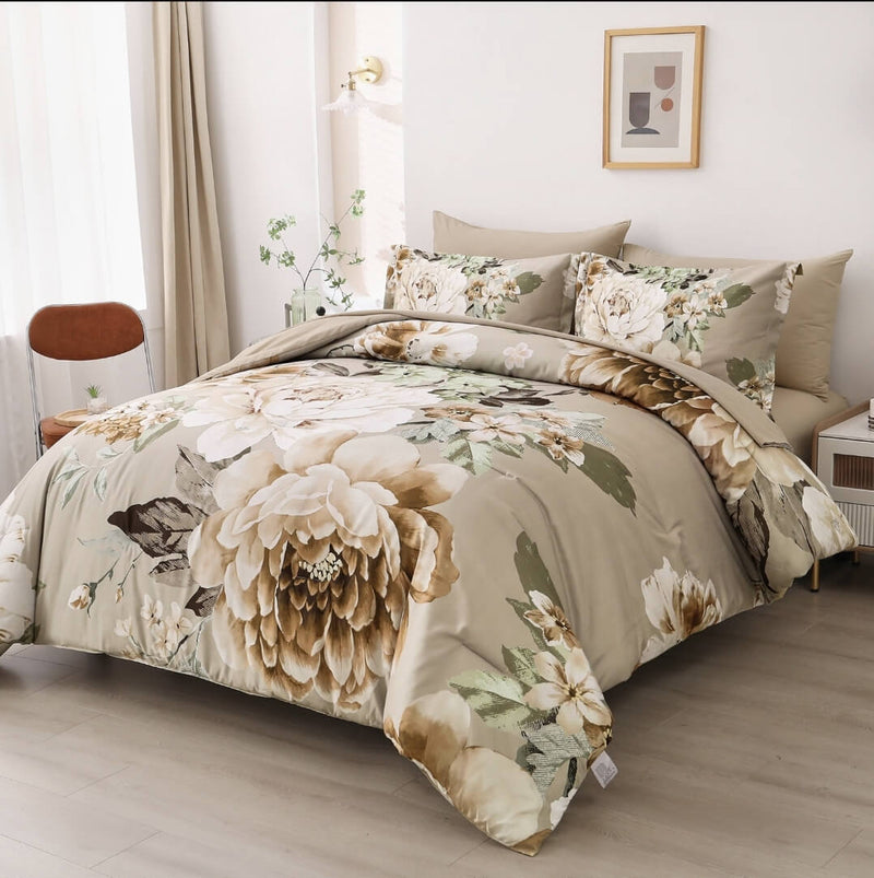 Beige Botanical Quilt Cover - Ultra Soft Donna/Duvet Cover Set 2xPillowcases