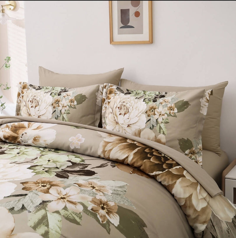 Beige Floral Quilt Cover - Ultra Soft Doona/Duvet Cover Set 2xPillowcases