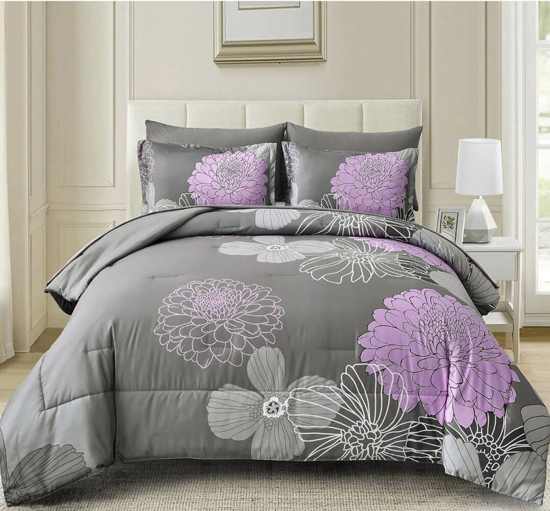 Grey Base Purple Floral Comforter Set-Quilt Set (3Pcs)