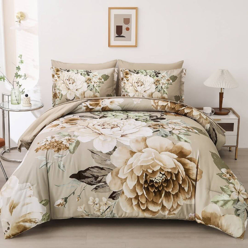 Beige Floral Quilt Cover - Ultra Soft Doona/Duvet Cover Set 2xPillowcases