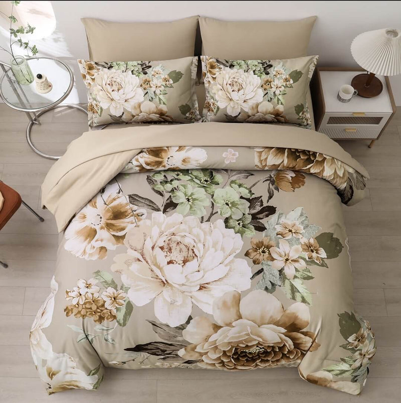 Beige Floral Quilt Cover - Ultra Soft Doona/Duvet Cover Set 2xPillowcases