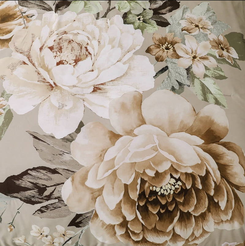 Beige Botanical Quilt Cover - Ultra Soft Donna/Duvet Cover Set 2xPillowcases