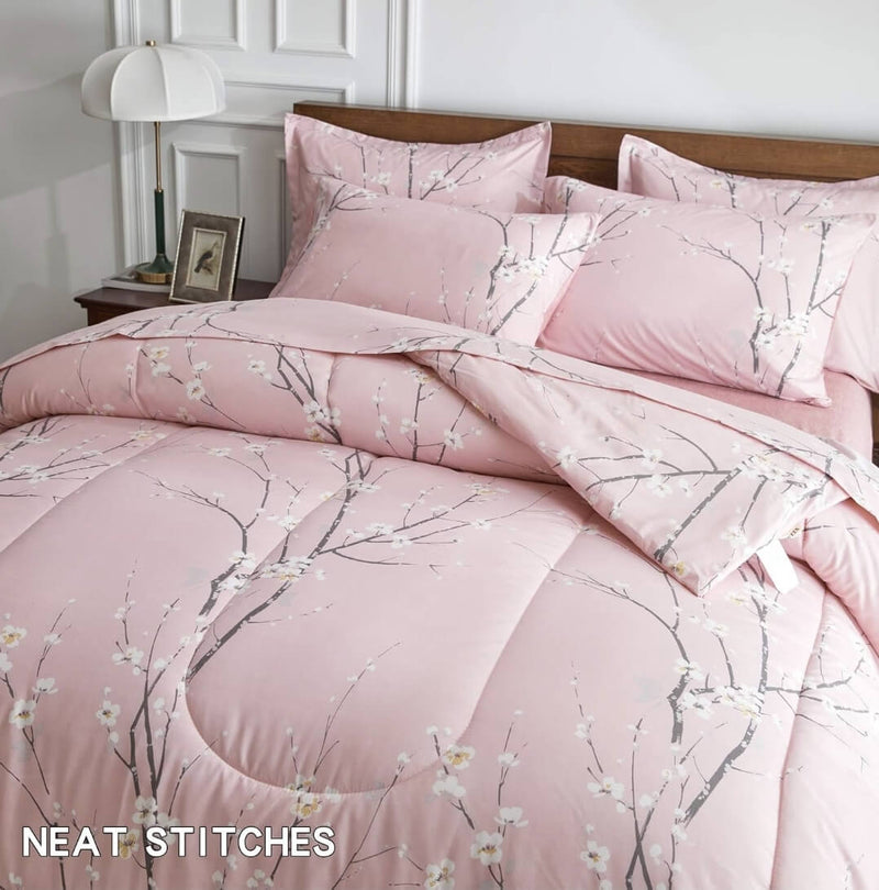 2025 Pink Base Botanical Comforter Set-Quilt Set (3Pcs)