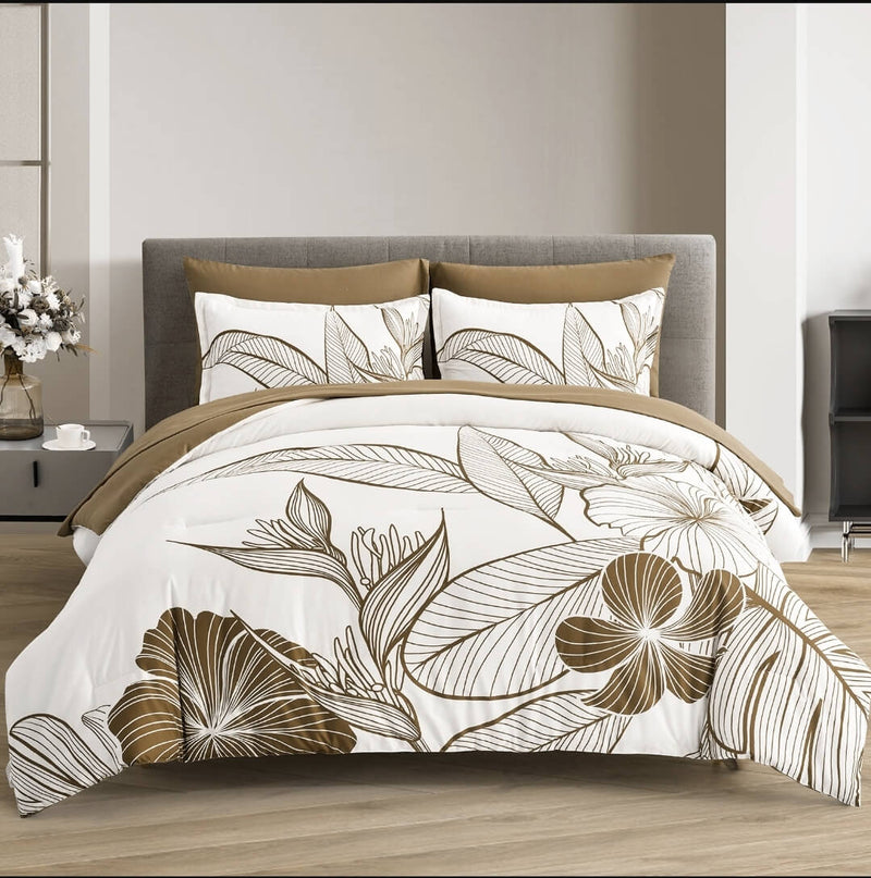 White Base Floral Brown Comforter Set-Quilt Set (3Pcs)