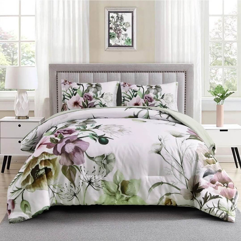 Light Green Floral Quilted 3 Piece Comforter Set