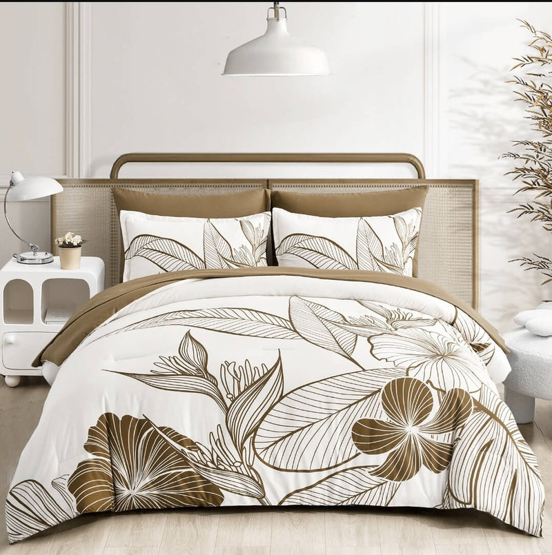 White Base Floral Brown Comforter Set-Quilt Set (3Pcs)