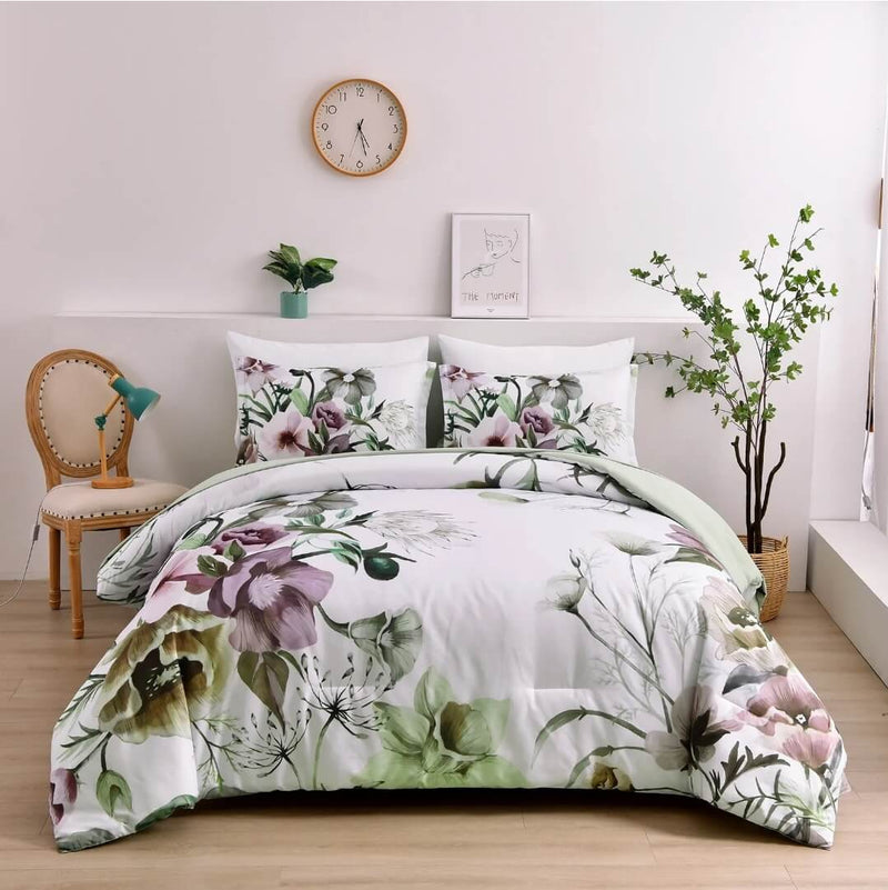 Light Green Floral Quilted 3 Piece Comforter Set