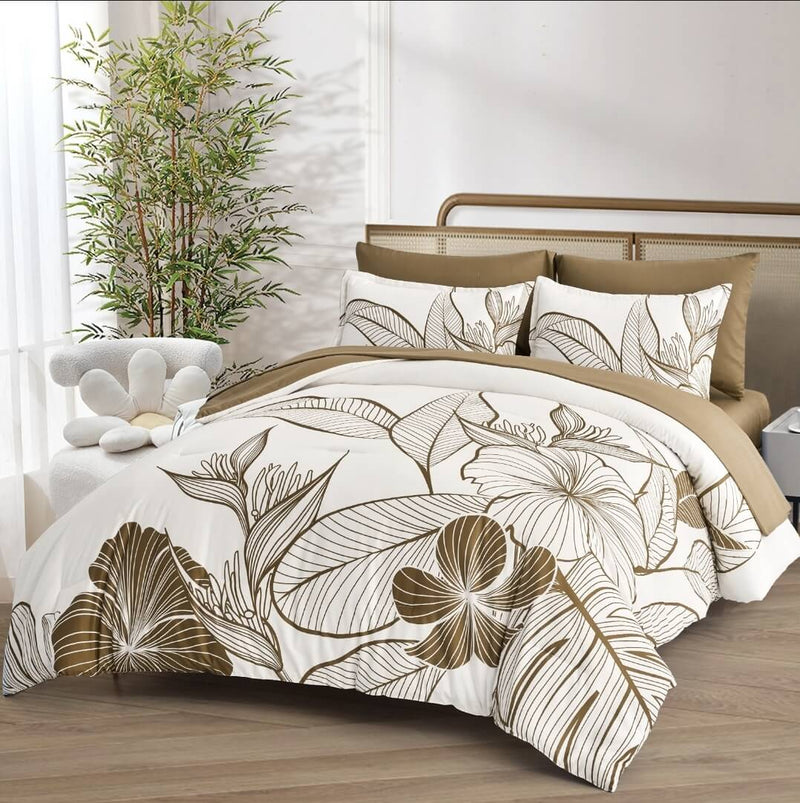 White Base Floral Brown Comforter Set-Quilt Set (3Pcs)