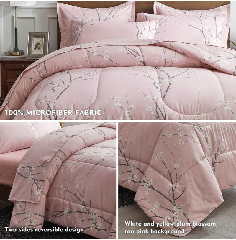 2025 Pink Base Botanical Comforter Set-Quilt Set (3Pcs)