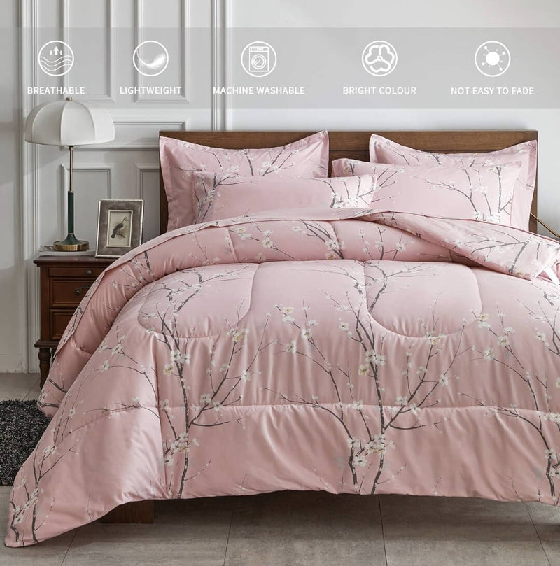 2025 Pink Base Botanical Comforter Set-Quilt Set (3Pcs)