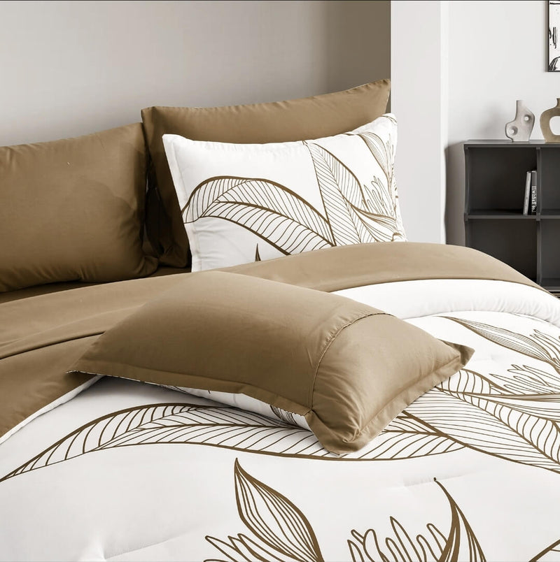 White Base Floral Brown Comforter Set-Quilt Set (3Pcs)