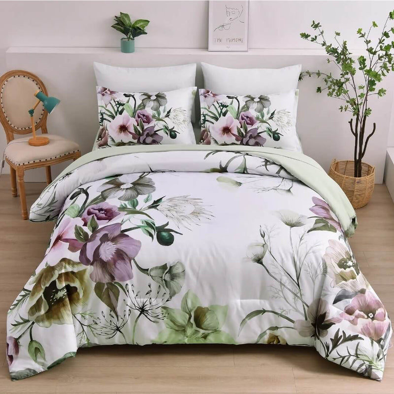 Light Green Floral Quilted 3 Piece Comforter Set