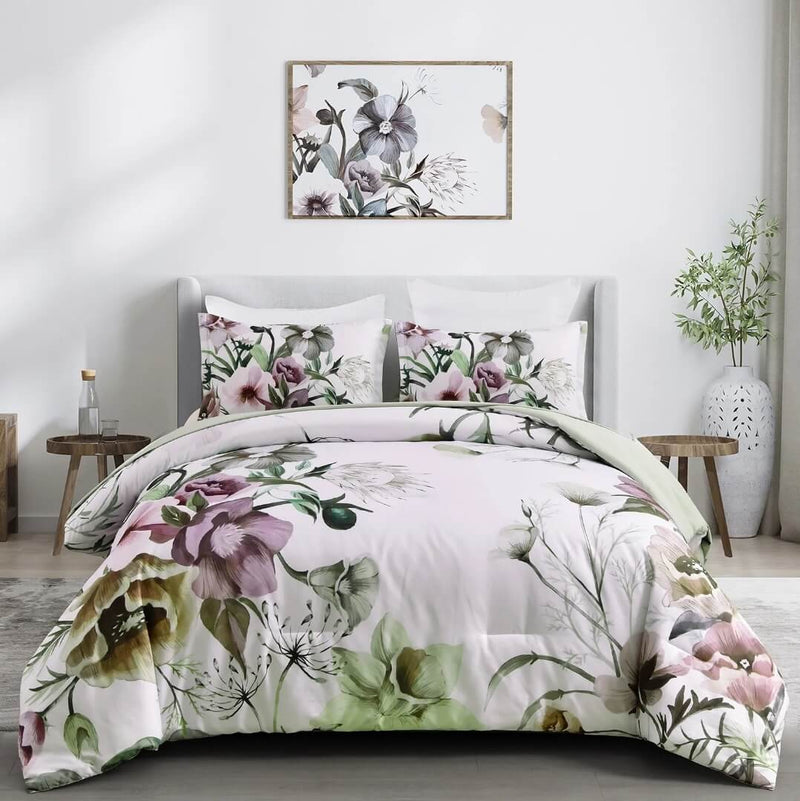 Light Green Floral Quilted 3 Piece Comforter Set