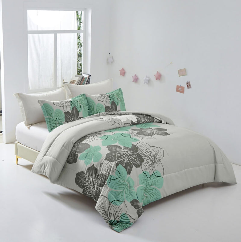 Green Floral Quilted 3 Piece Comforter Set