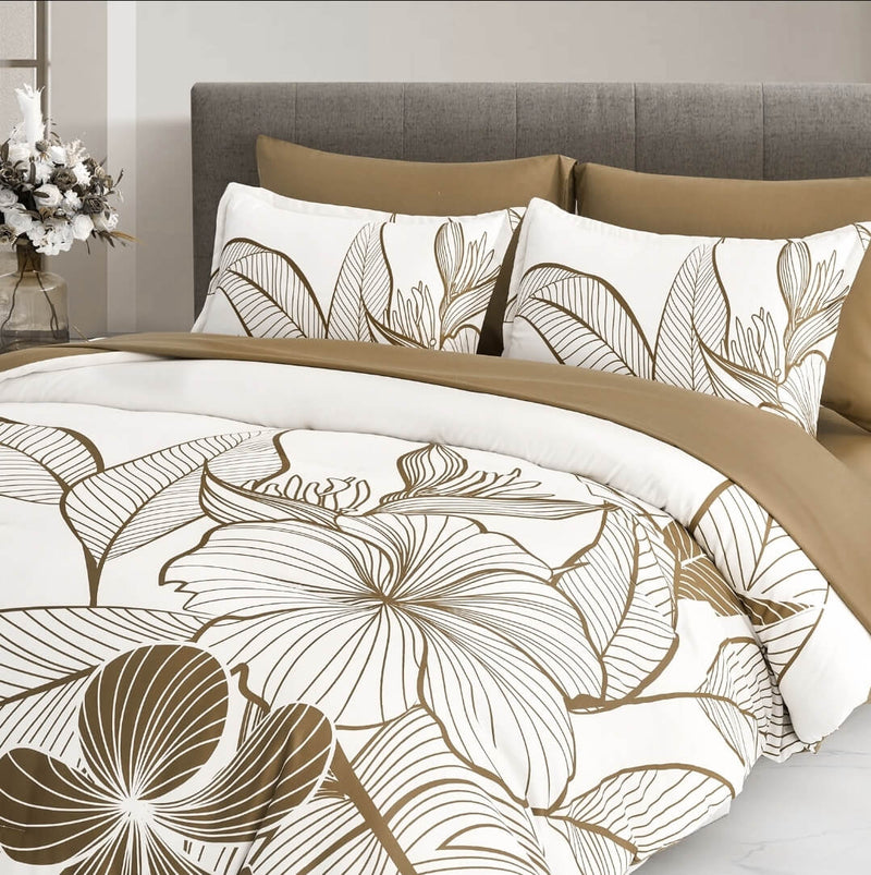 White Base Floral Brown Comforter Set-Quilt Set (3Pcs)