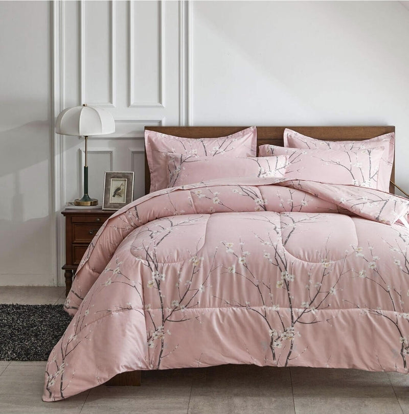 2025 Pink Base Botanical Comforter Set-Quilt Set (3Pcs)