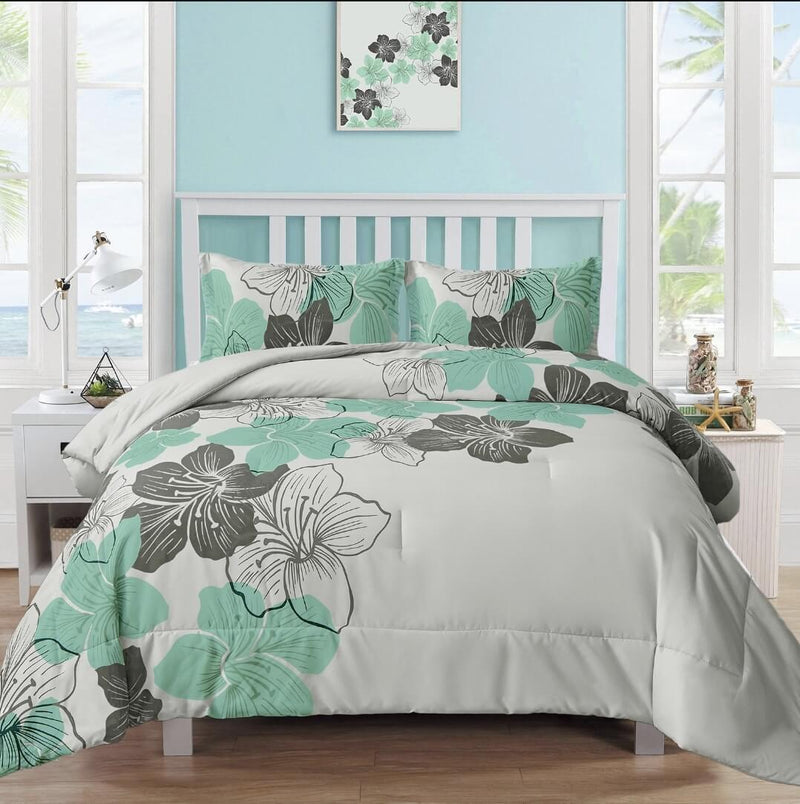 Green Floral Quilted 3 Piece Comforter Set