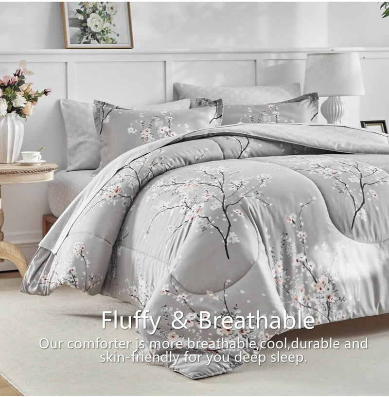 2025 Grey Base Botanical Comforter Set-Quilt Set (3Pcs)