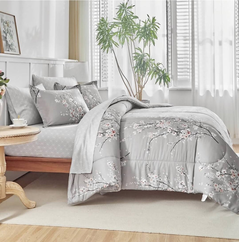 2025 Grey Base Botanical Comforter Set-Quilt Set (3Pcs)