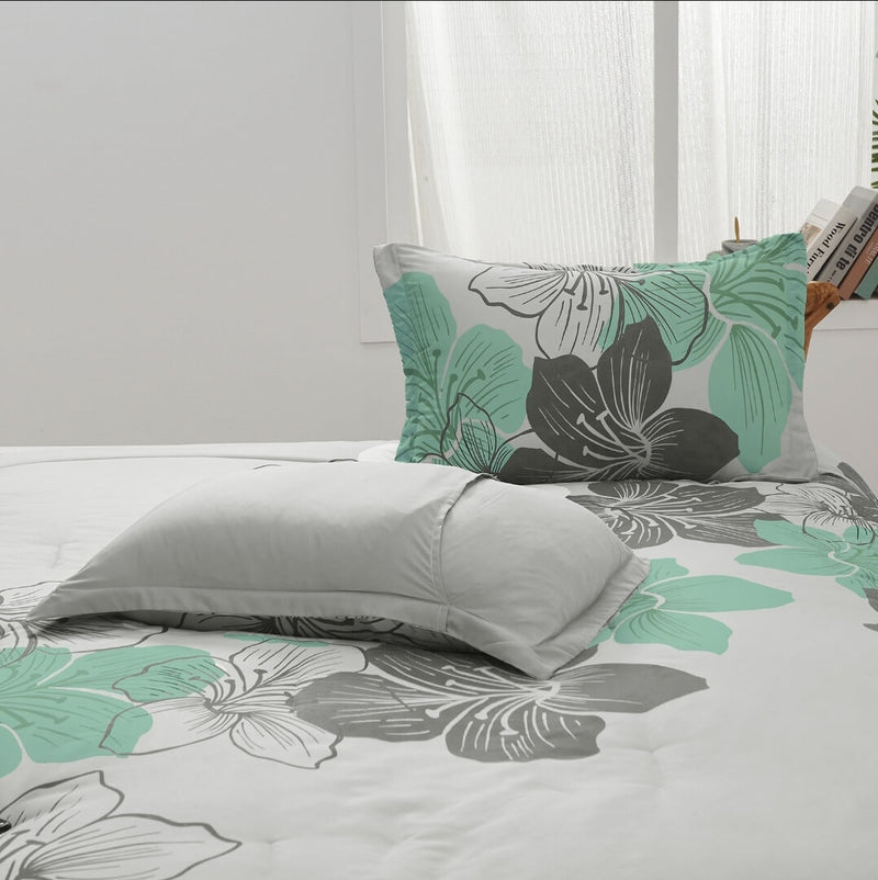 Green Floral Quilted 3 Piece Comforter Set
