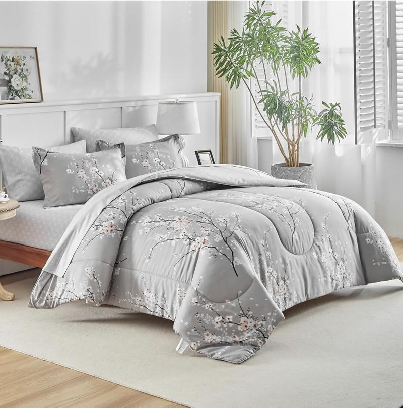 2025 Grey Base Botanical Comforter Set-Quilt Set (3Pcs)