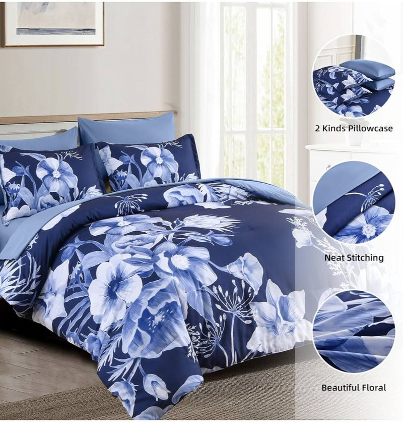 2025 Dark Blue Floral Comforter Set-Quilt Set (3Pcs)