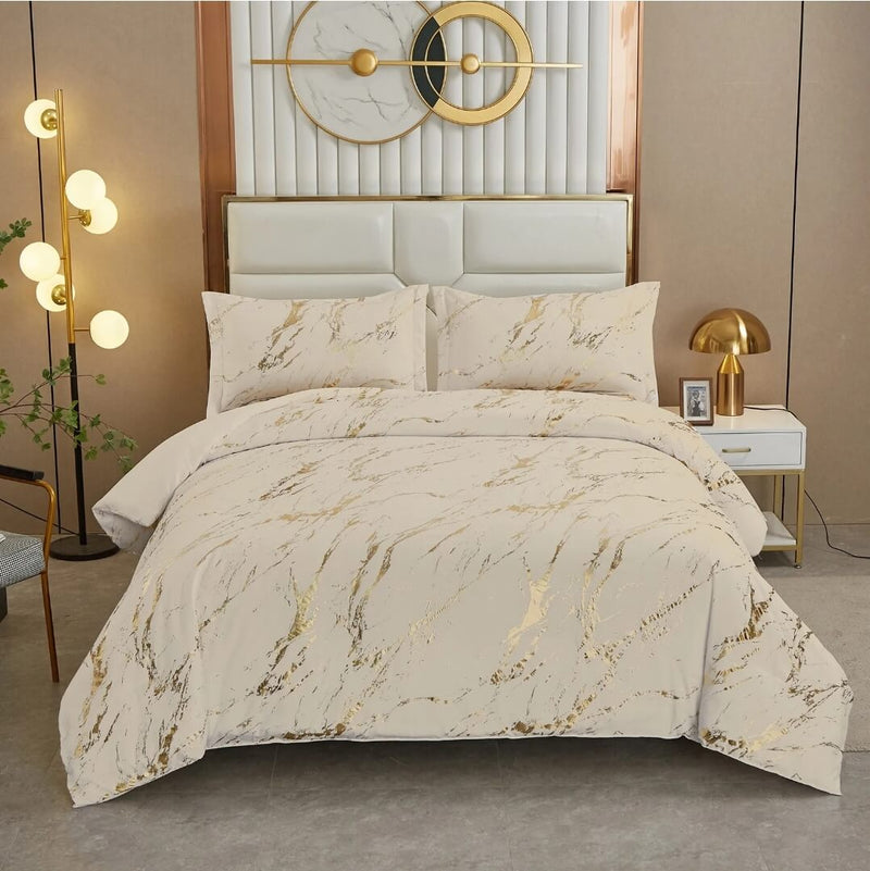 Beige Gold Floral Comforter Set-Quilt Set (3Pcs)