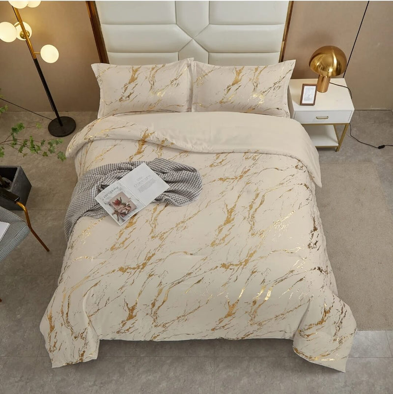 Beige Gold Floral Comforter Set-Quilt Set (3Pcs)